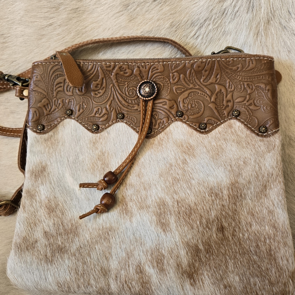Myra Bag Brown and Tan Crossbody/Wristlet Embossed Detail